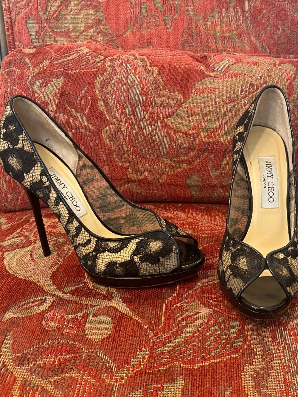 Vintage Jimmy Choo Black Lace Peep-Toe Platform Heels
